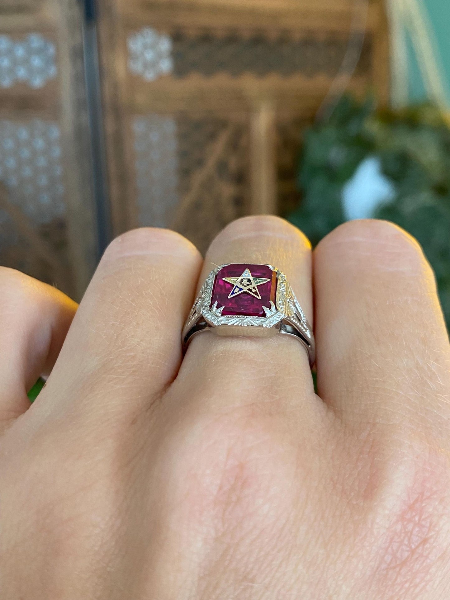 Vintage Solid 14k White & Yellow Gold Pink Sapphire Eastern Star Freemason Ring - Size 5.75