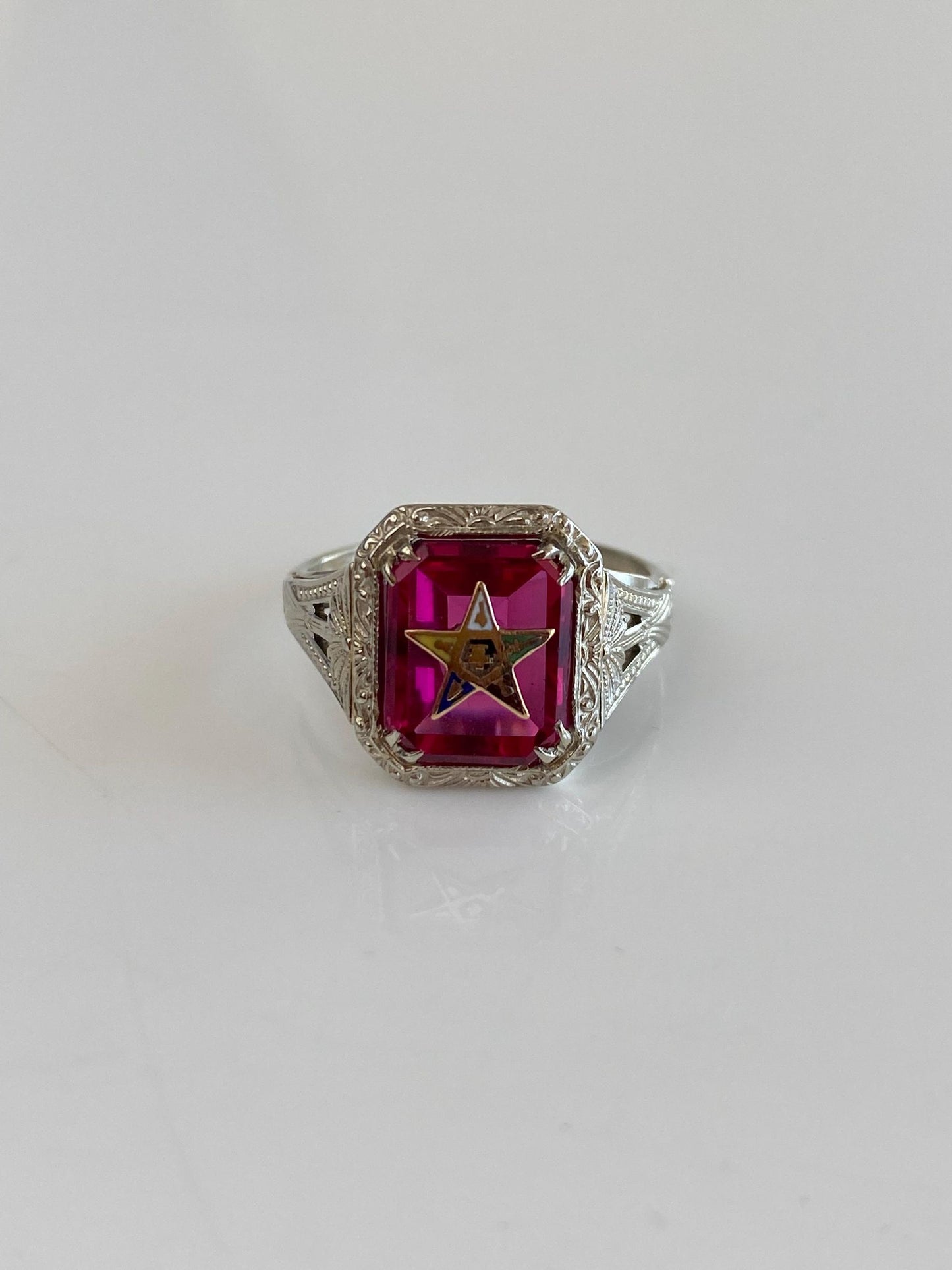 Vintage Solid 14k White & Yellow Gold Pink Sapphire Eastern Star Freemason Ring - Size 5.75