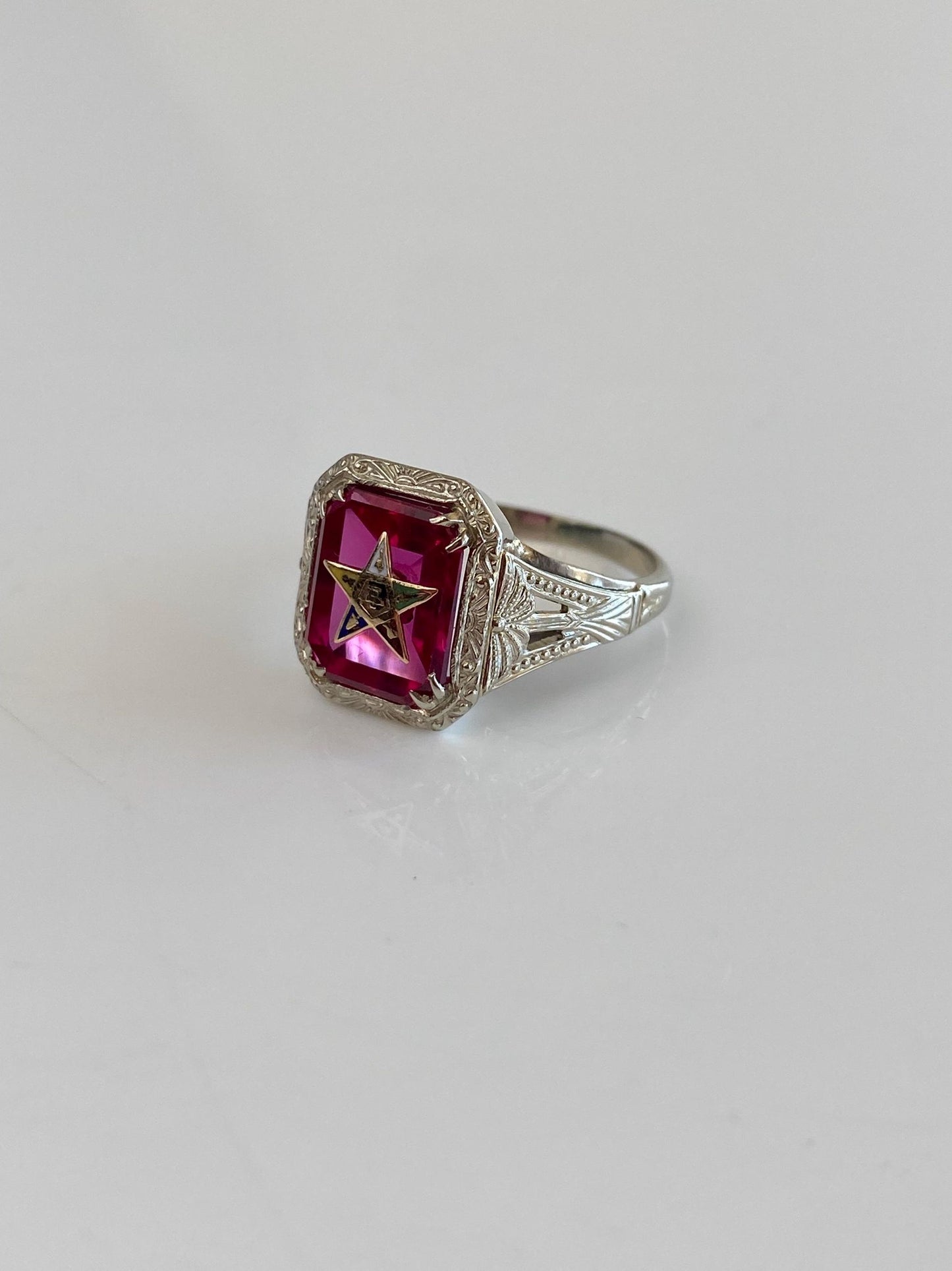 Vintage Solid 14k White & Yellow Gold Pink Sapphire Eastern Star Freemason Ring - Size 5.75