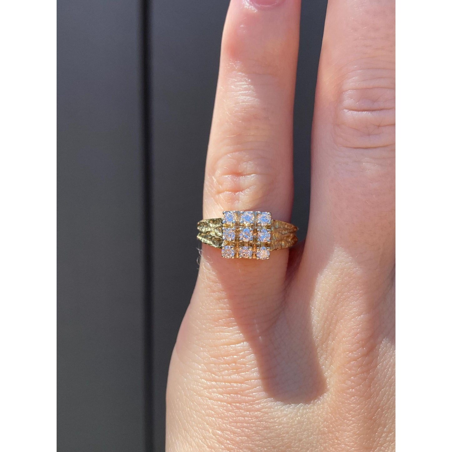 Vintage Solid 14k Yellow Gold Clear Sapphire Grid Ring - Size 4