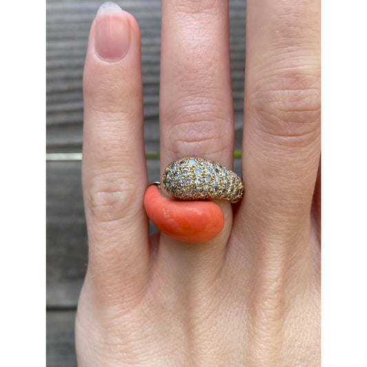 Vintage Solid 14k Yellow Gold Diamond Coral Bypass Ring - Size 4.5