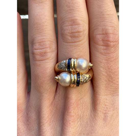 Solid 14k Yellow Gold Pearl Blue Sapphire Diamond Twist Ring - Size 4.75