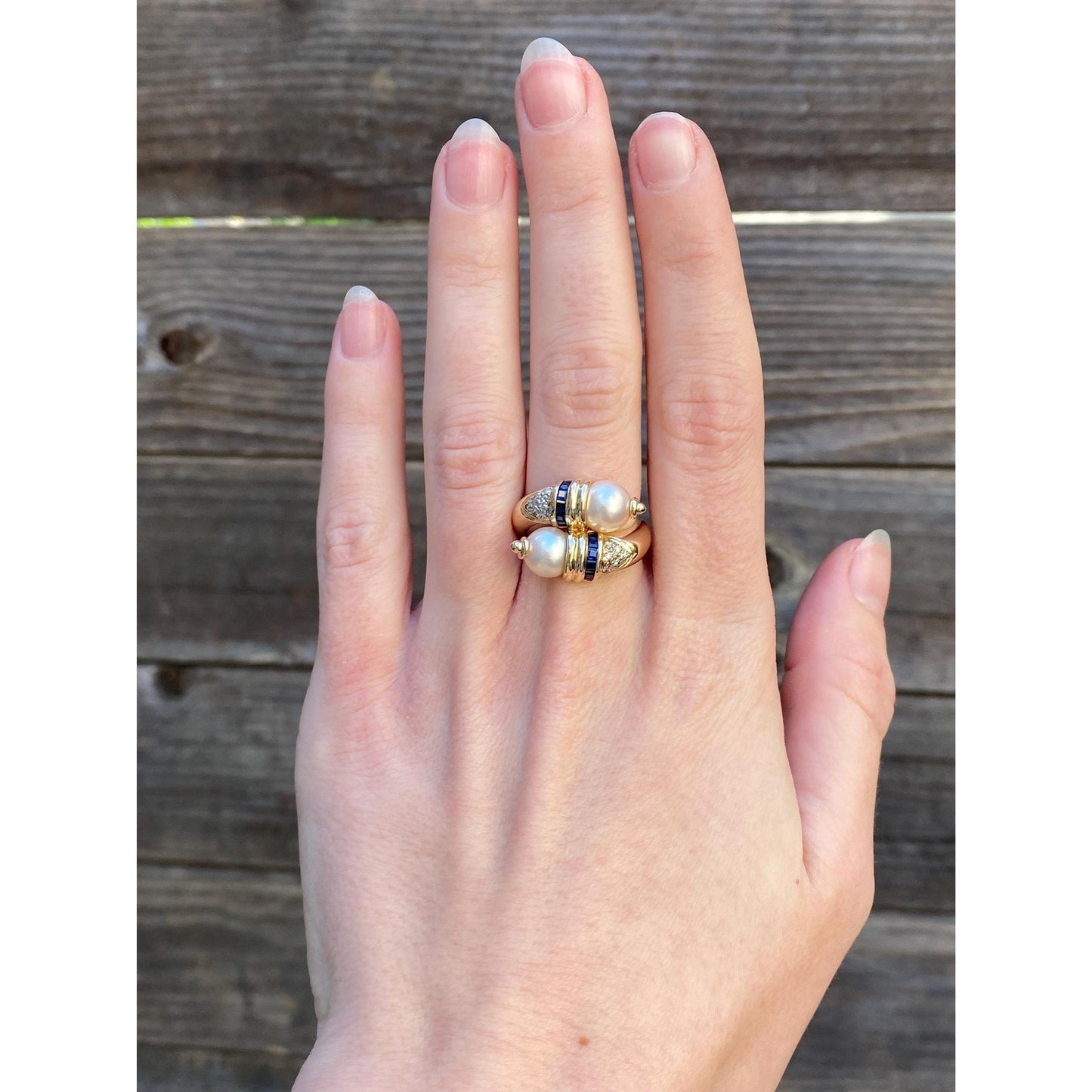 Solid 14k Yellow Gold Pearl Blue Sapphire Diamond Twist Ring - Size 4.75