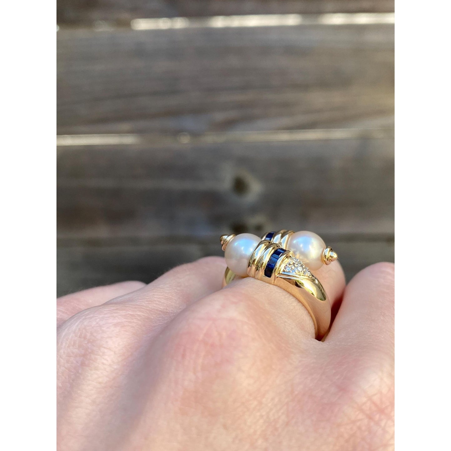 Solid 14k Yellow Gold Pearl Blue Sapphire Diamond Twist Ring - Size 4.75