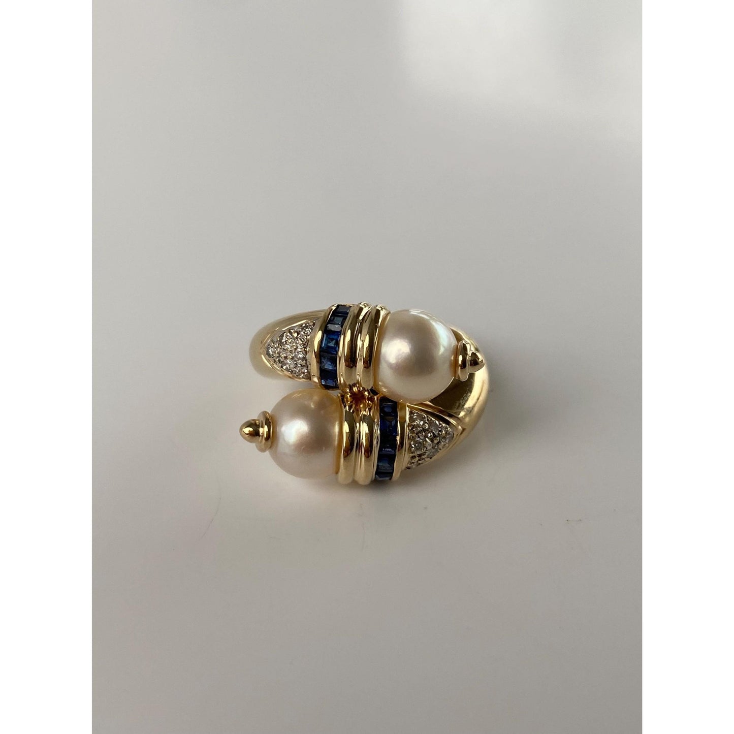 Solid 14k Yellow Gold Pearl Blue Sapphire Diamond Twist Ring - Size 4.75