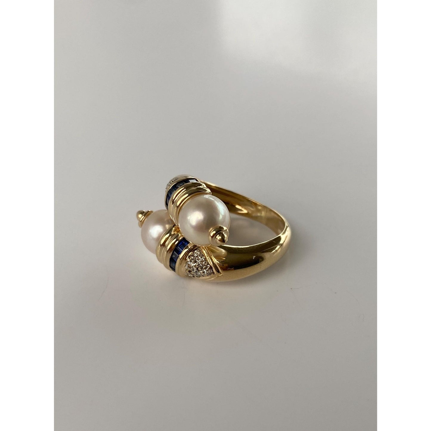 Solid 14k Yellow Gold Pearl Blue Sapphire Diamond Twist Ring - Size 4.75