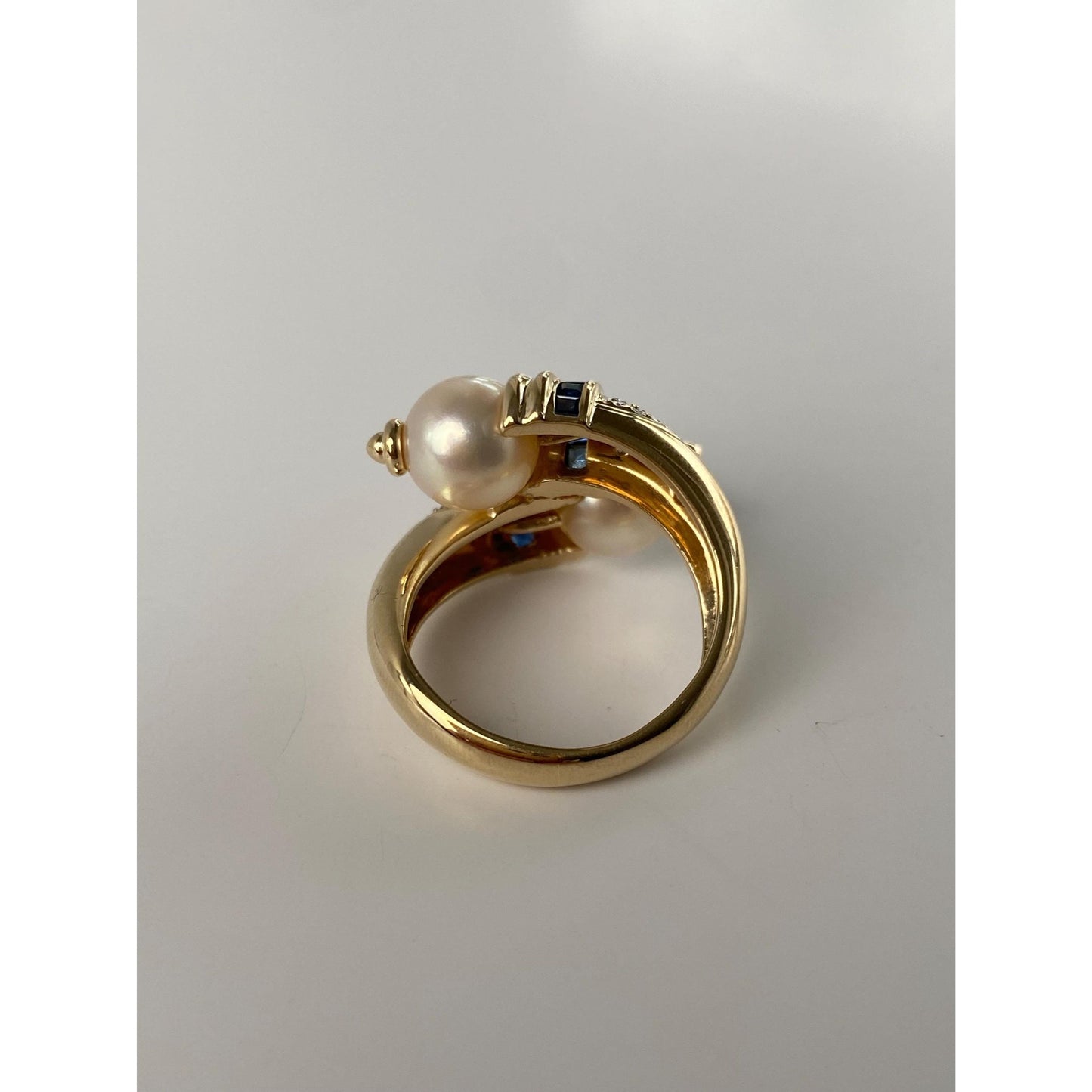 Solid 14k Yellow Gold Pearl Blue Sapphire Diamond Twist Ring - Size 4.75