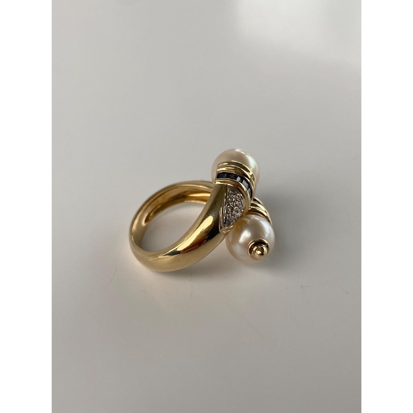 Solid 14k Yellow Gold Pearl Blue Sapphire Diamond Twist Ring - Size 4.75