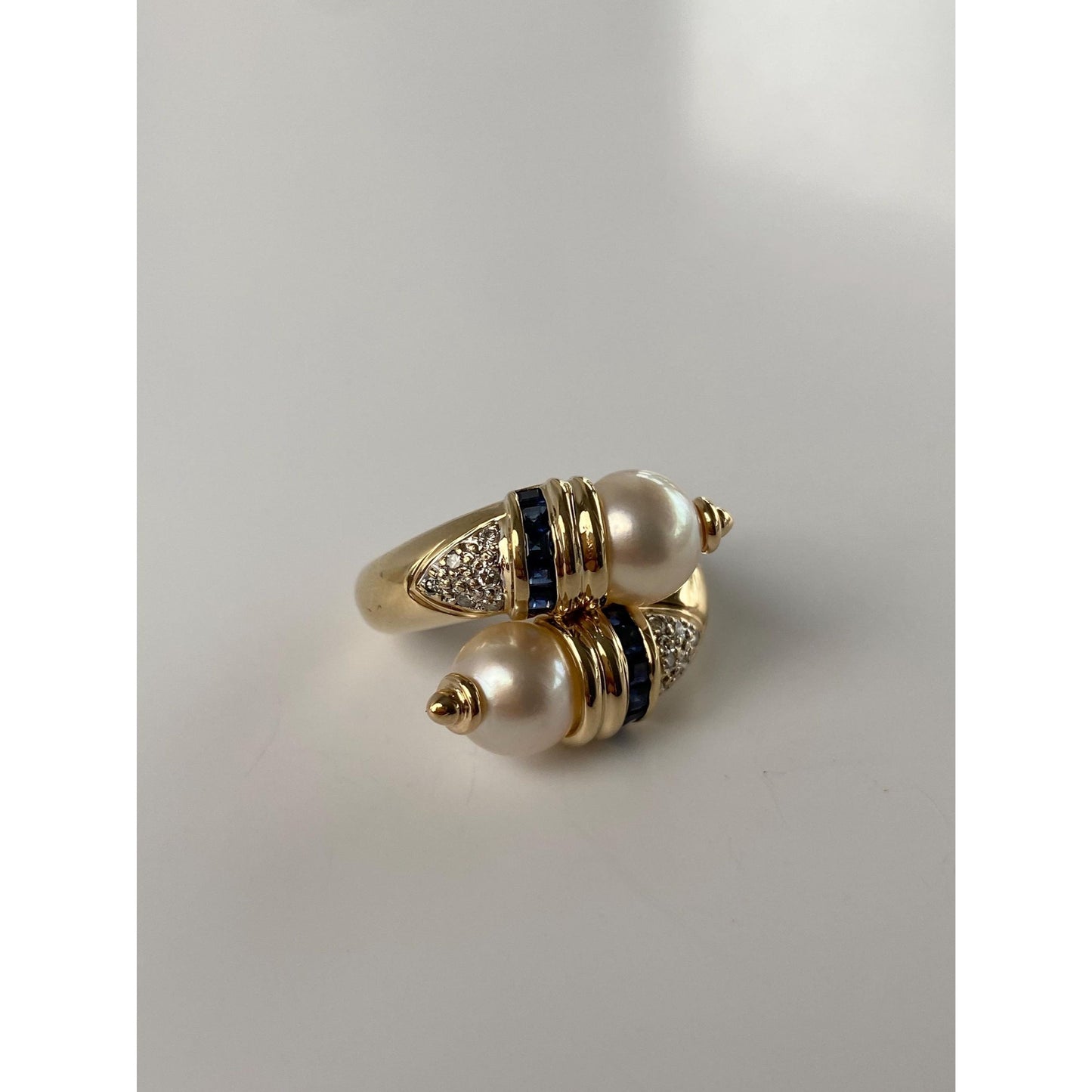 Solid 14k Yellow Gold Pearl Blue Sapphire Diamond Twist Ring - Size 4.75