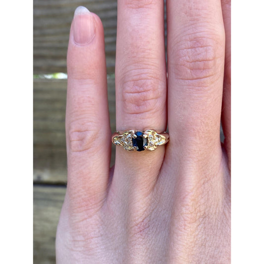 Solid 14k Yellow Gold Diamond Blue Sapphire Ring - Size 5.5