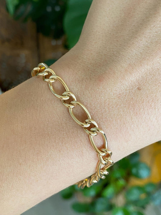 Vintage Solid 14k Yellow Gold Elongated Fancy Curb Figaro Chain Bracelet - 7.25 inches