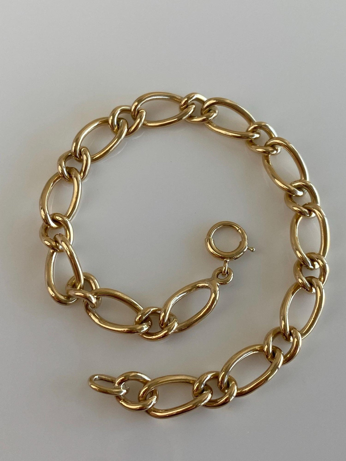 Vintage Solid 14k Yellow Gold Elongated Fancy Curb Figaro Chain Bracelet - 7.25 inches