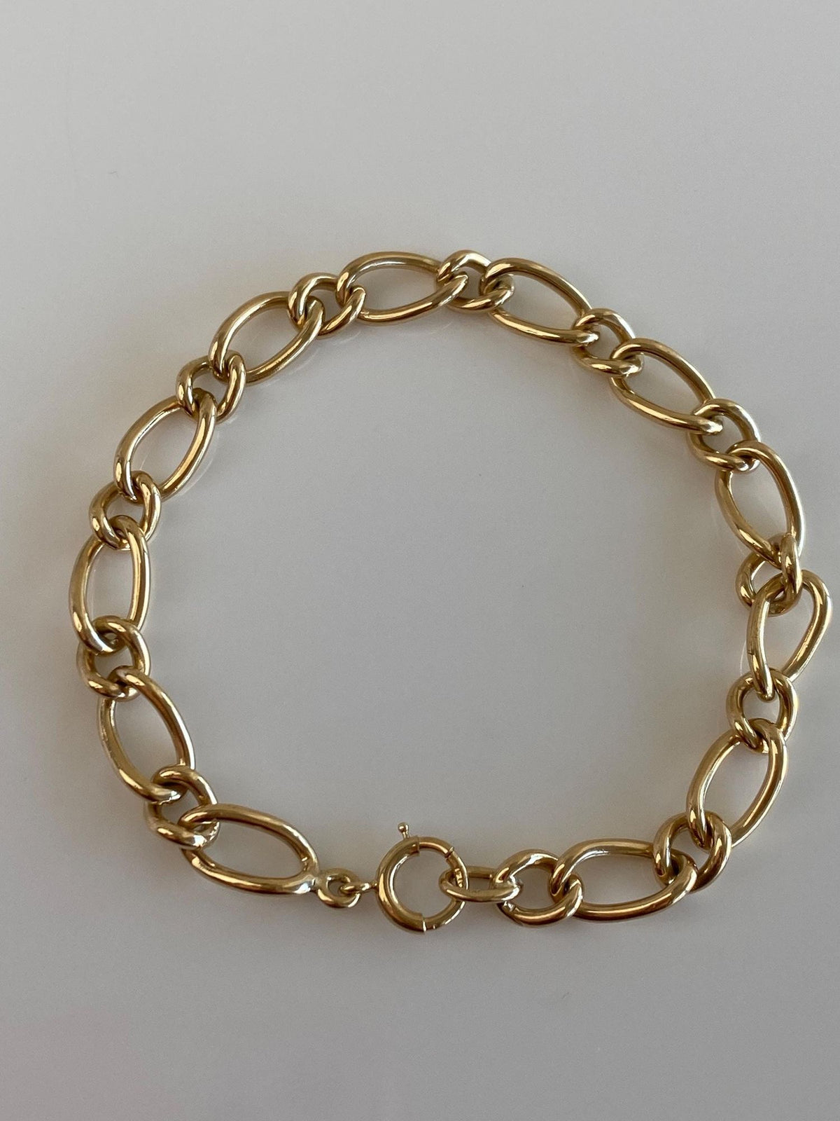 Vintage Solid 14k Yellow Gold Elongated Fancy Curb Figaro Chain Bracelet - 7.25 inches
