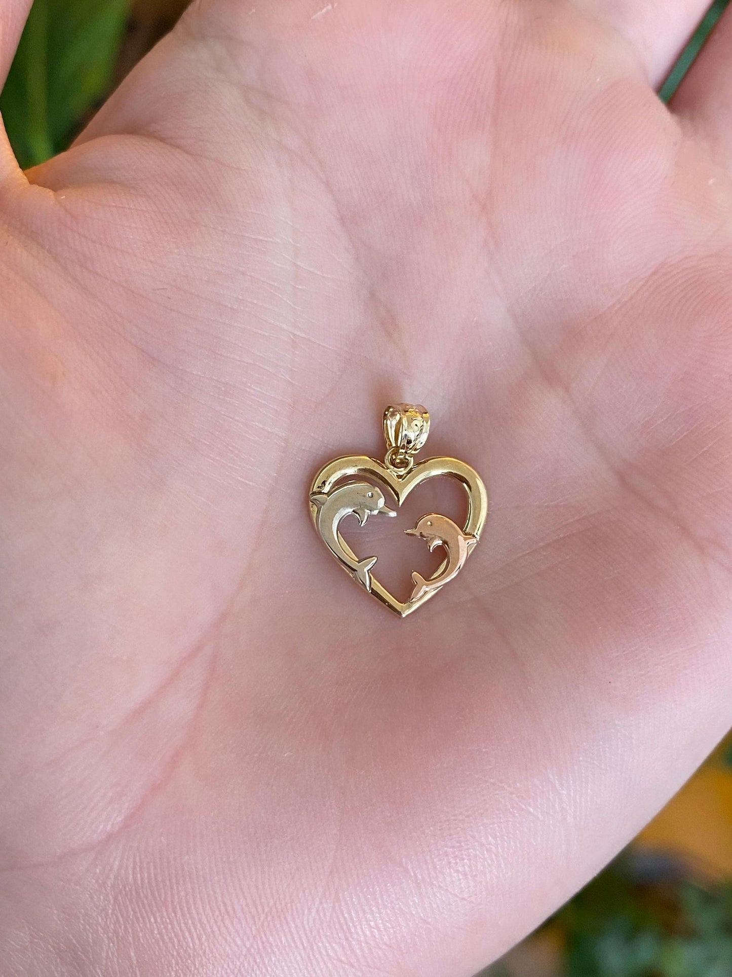 Vintage Solid 14k Tri Tone Gold Dolphin Heart Charm