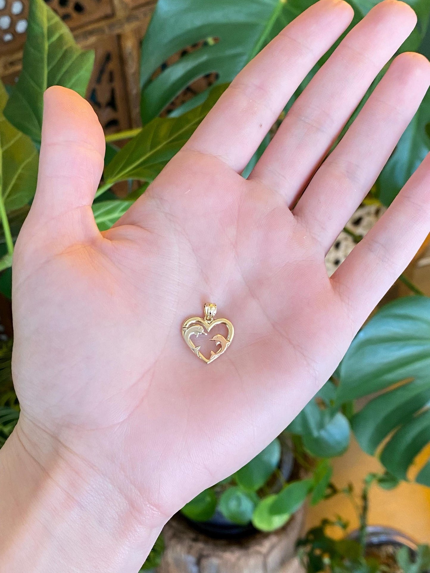 Vintage Solid 14k Tri Tone Gold Dolphin Heart Charm
