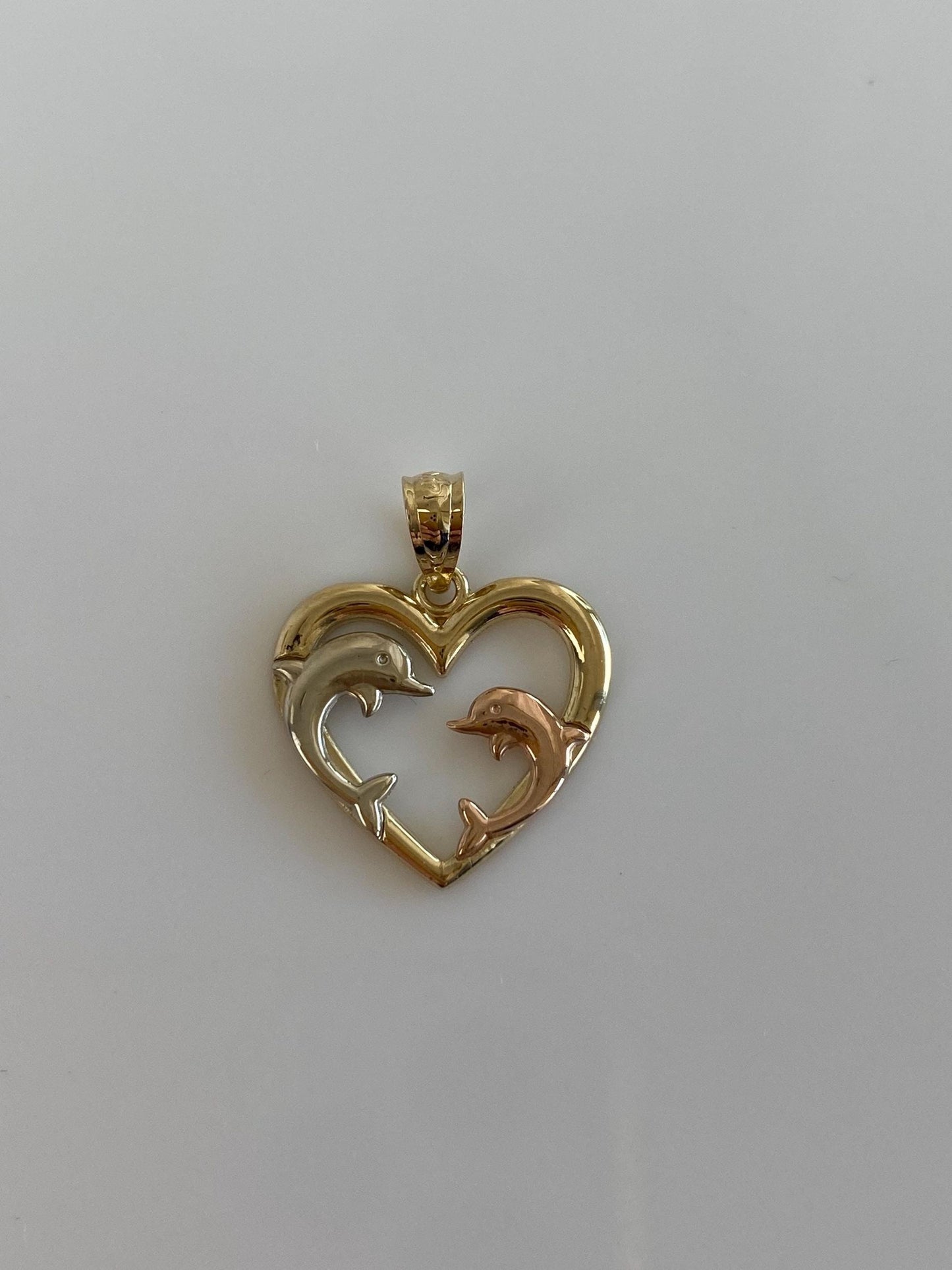 Vintage Solid 14k Tri Tone Gold Dolphin Heart Charm
