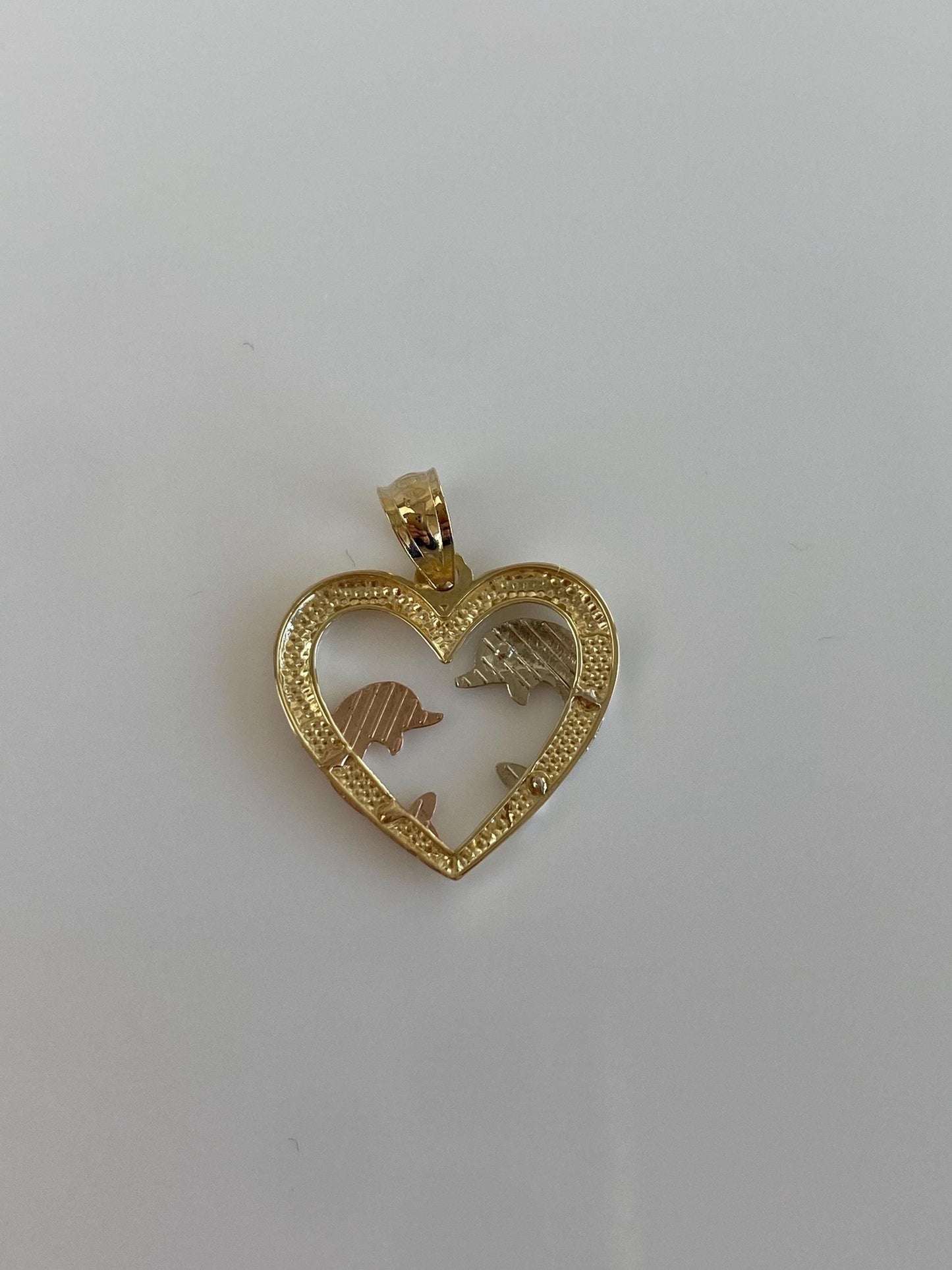 Vintage Solid 14k Tri Tone Gold Dolphin Heart Charm