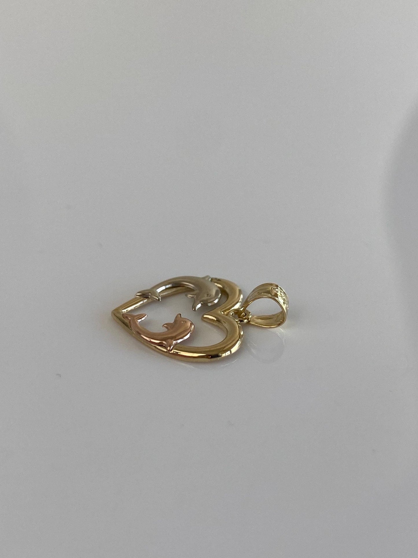 Vintage Solid 14k Tri Tone Gold Dolphin Heart Charm