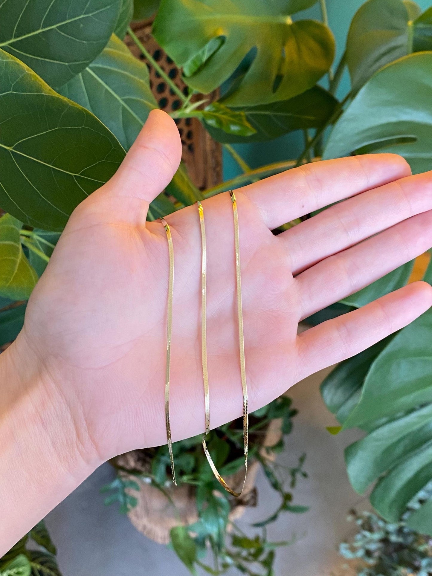 Vintage Solid 14k Yellow Gold Long Slim Herringbone Chain Necklace - 23.75 inches
