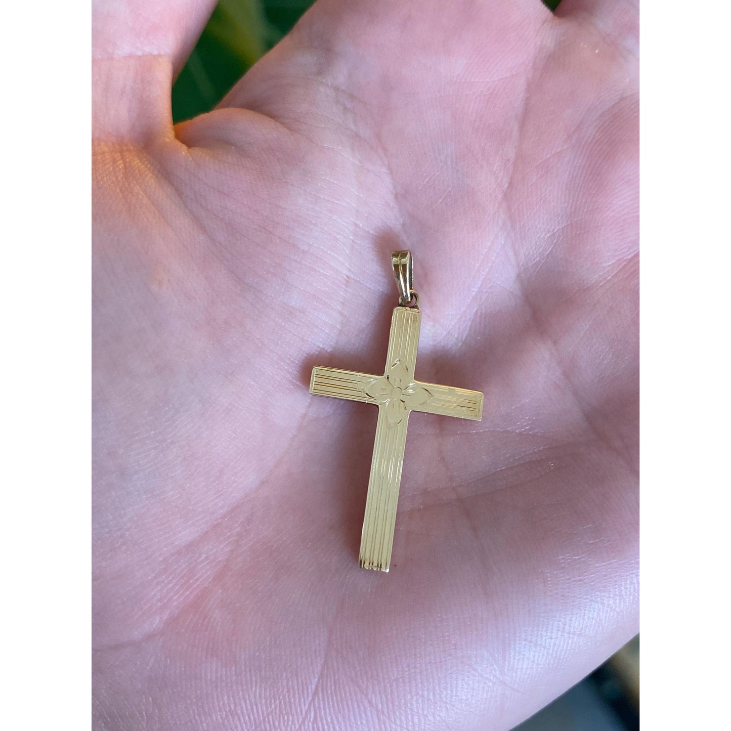 Vintage 9k Yellow Gold Floral Lined Cross Charm