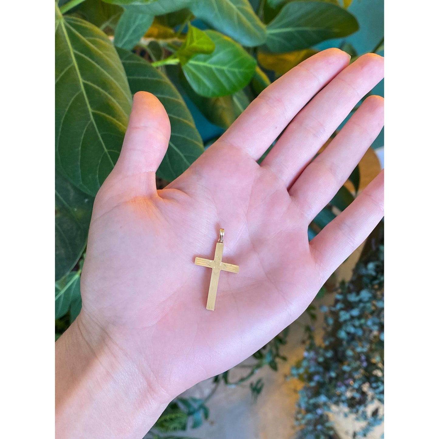 Vintage 9k Yellow Gold Floral Lined Cross Charm