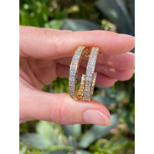 Vintage Solid 14k Yellow Gold Cubic Zirconia Hoop Earrings