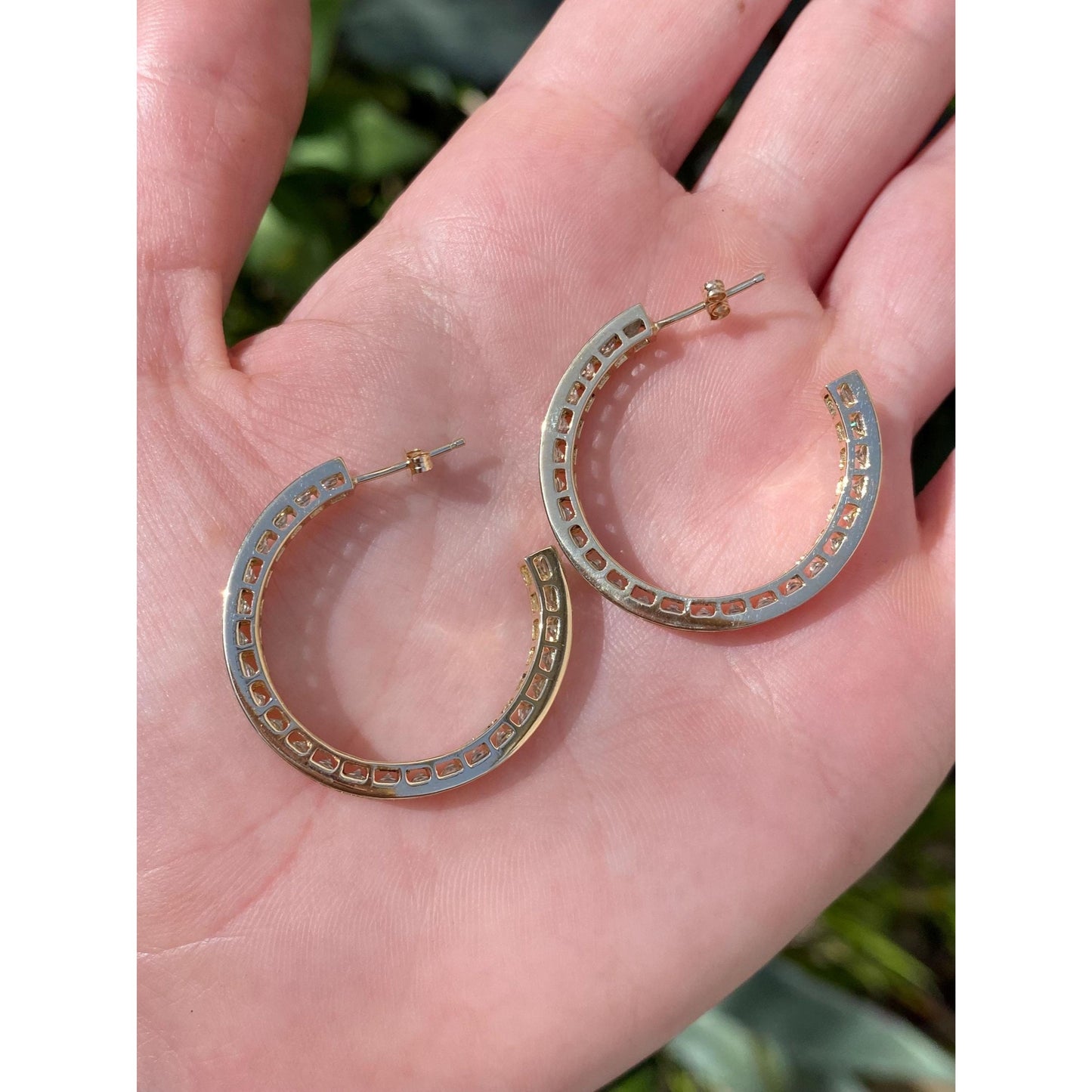 Vintage Solid 14k Yellow Gold Cubic Zirconia Hoop Earrings