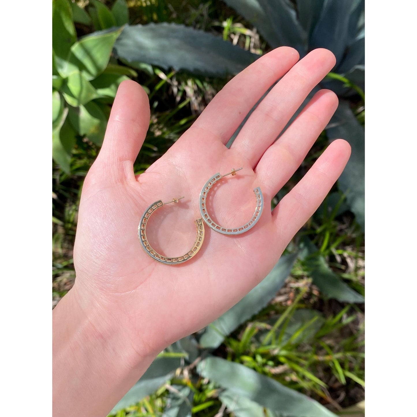 Vintage Solid 14k Yellow Gold Cubic Zirconia Hoop Earrings