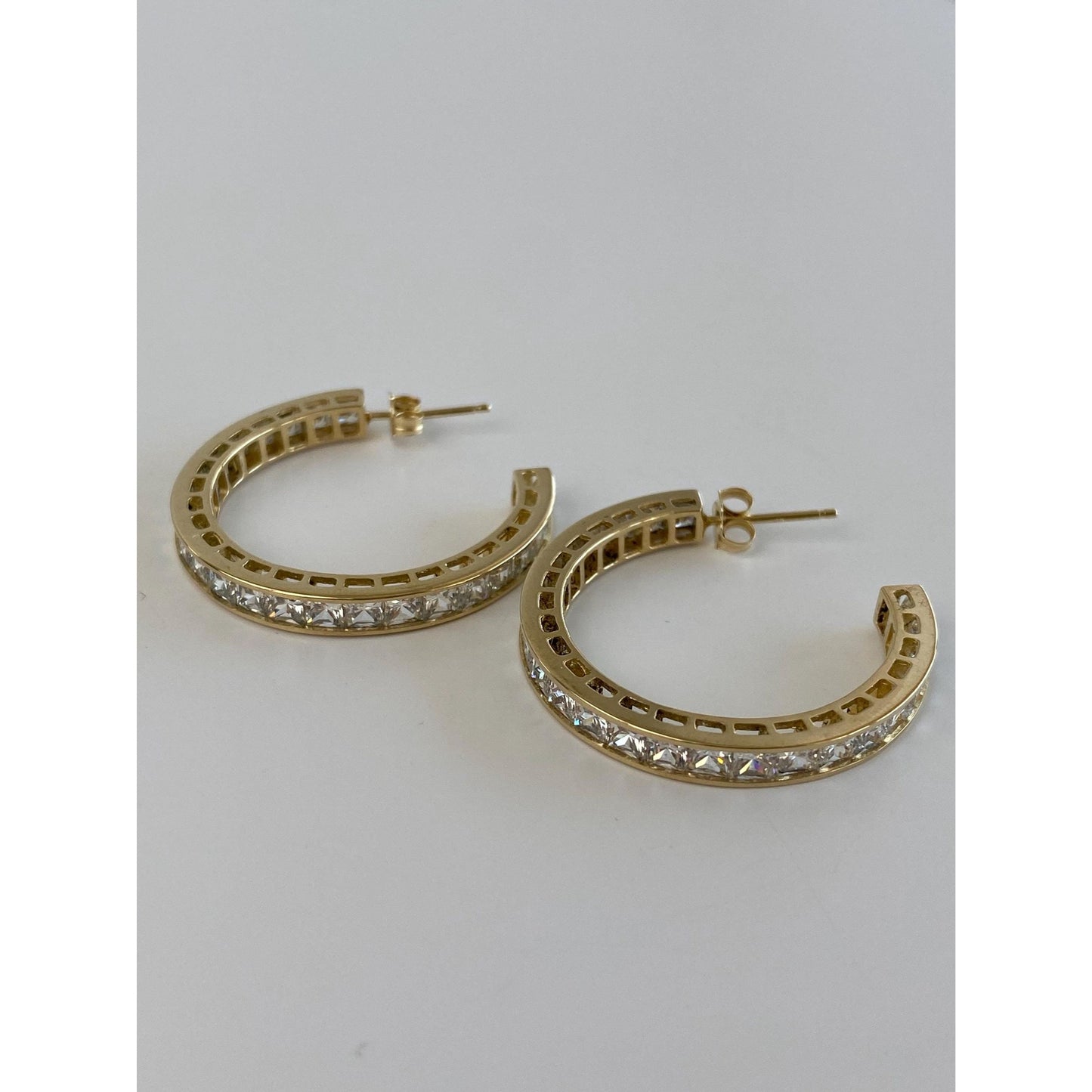Vintage Solid 14k Yellow Gold Cubic Zirconia Hoop Earrings