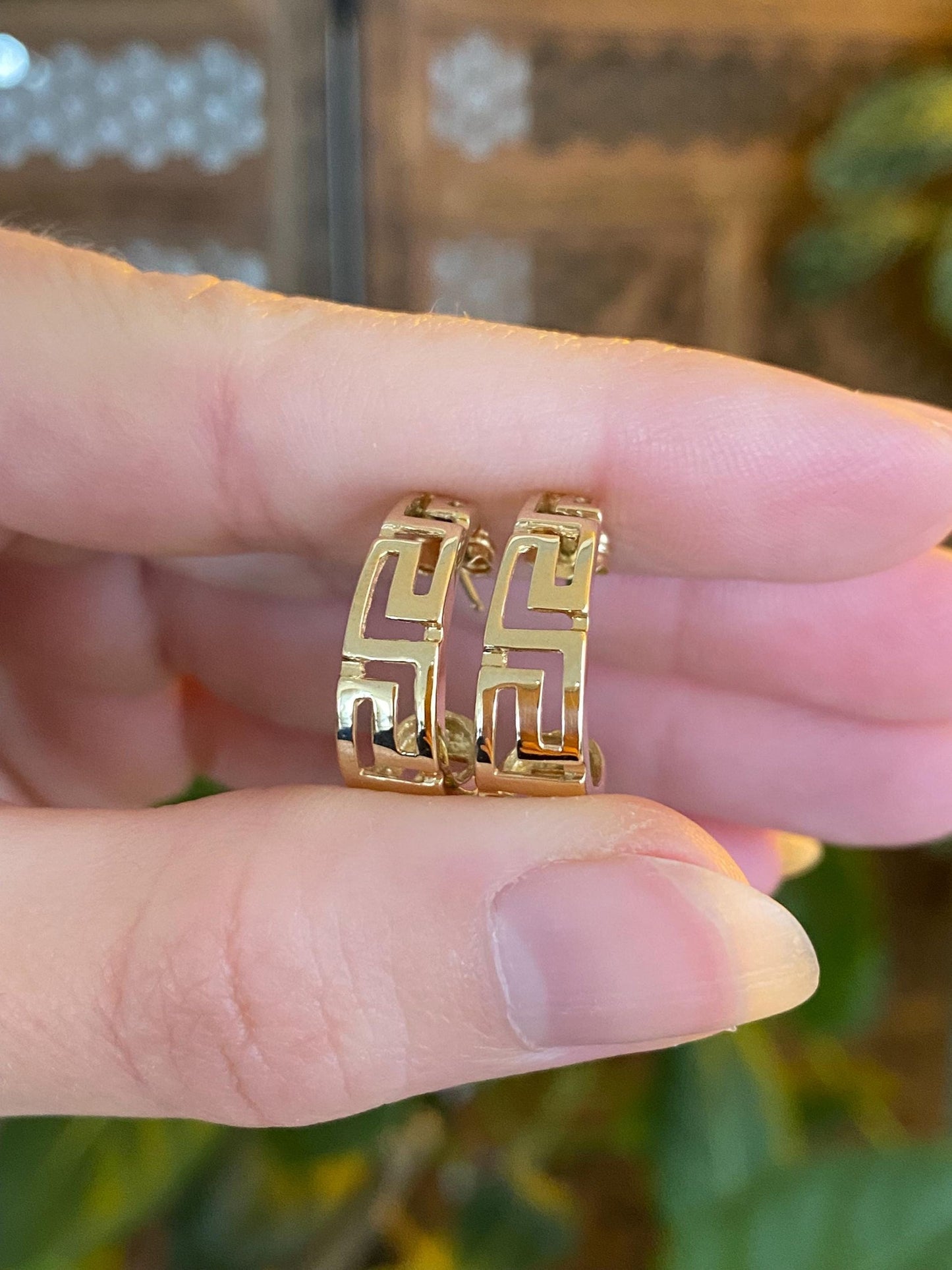 Vintage Solid 14k Yellow Gold Greek Key Drop Earrings