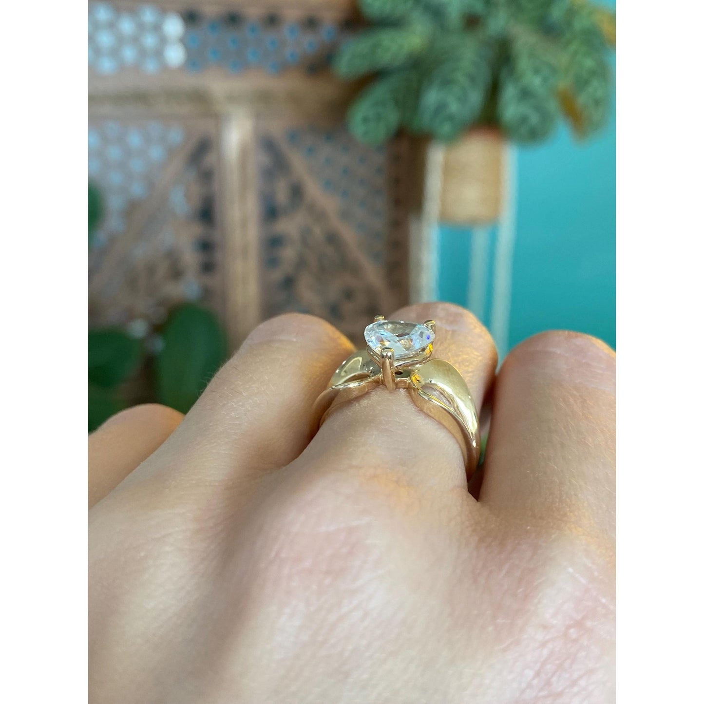 Vintage Solid 14k Yellow Gold Clear Cubic Zirconia Heart Ring - Size 6.75