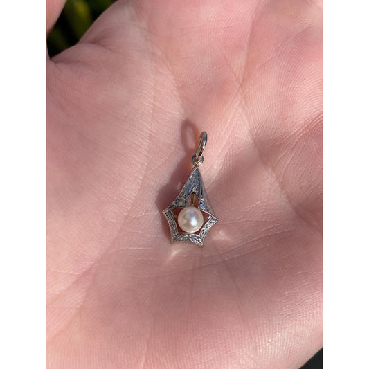 Vintage Solid 14k White & Yellow Gold Pearl Art Deco Charm