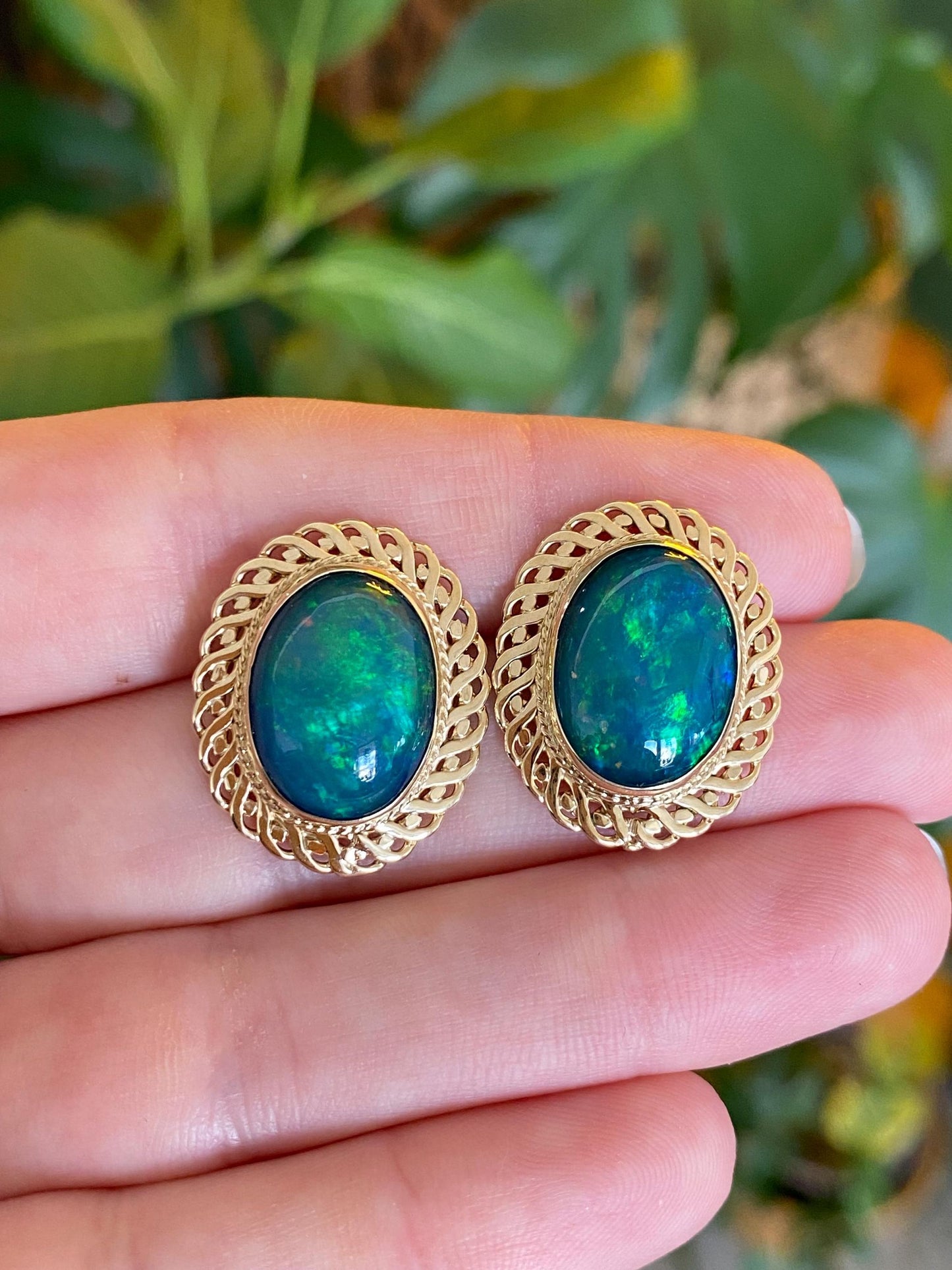 Vintage Solid 10k Yellow Gold Opal Stud Earrings