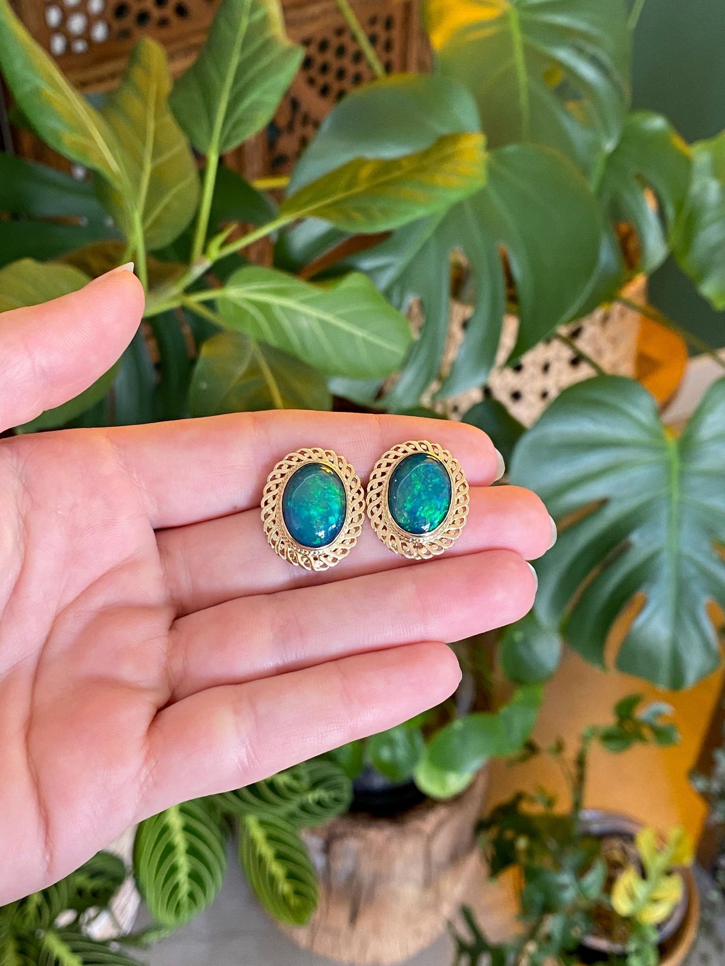 Vintage Solid 10k Yellow Gold Opal Stud Earrings