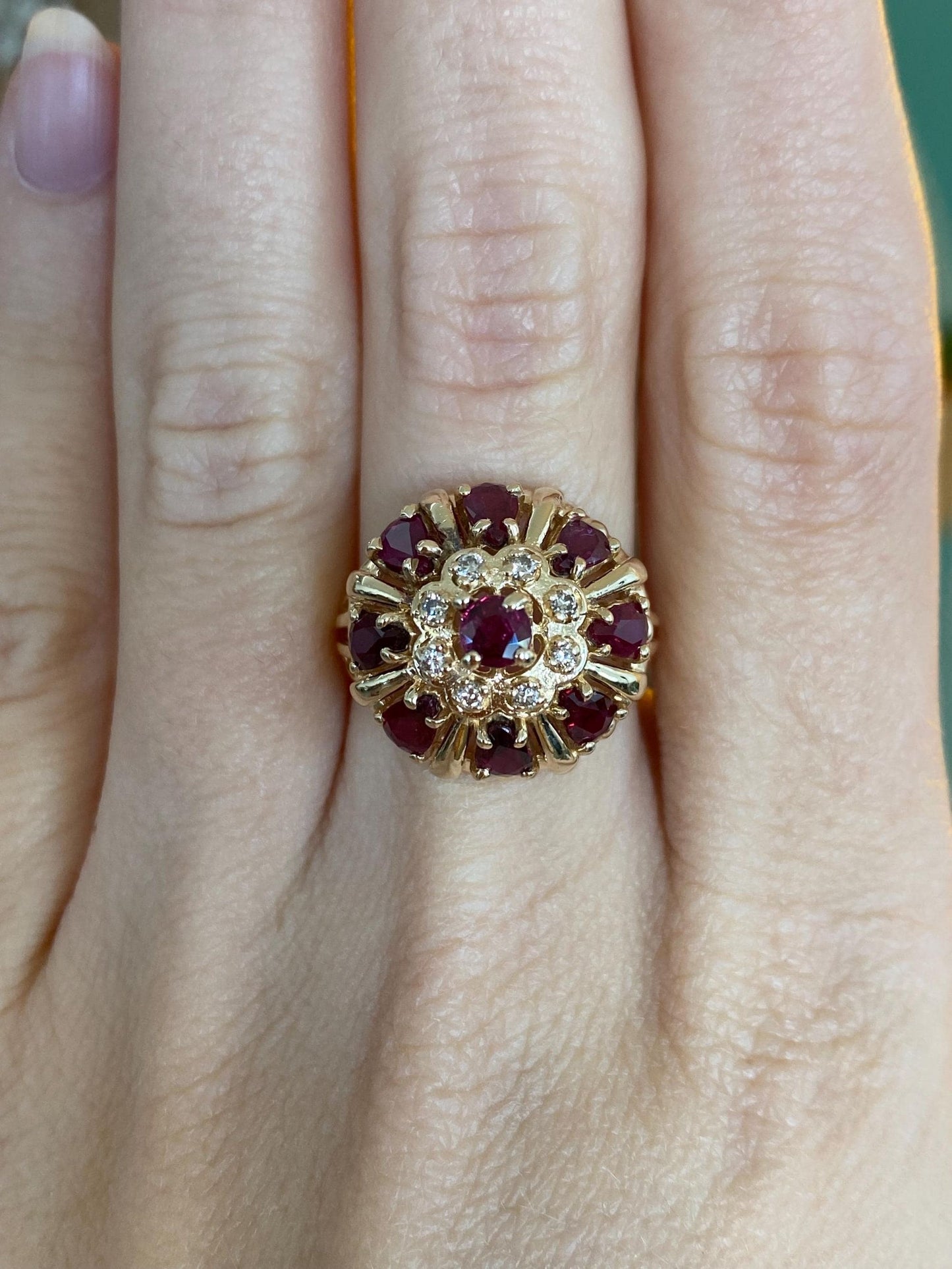 Vintage Solid 14k Yellow Gold Ruby Diamond Halo Ring - Size 6.5