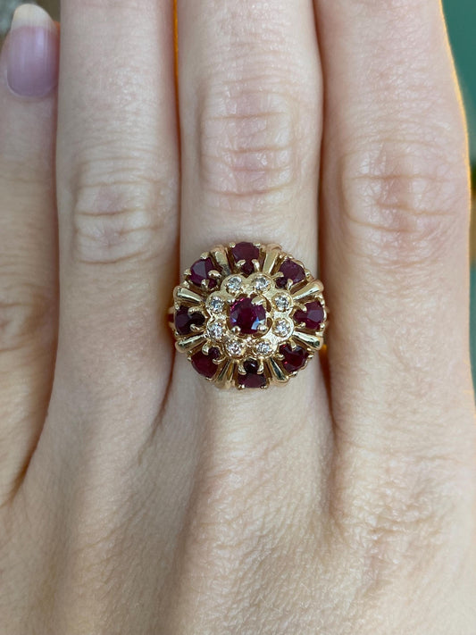 Vintage Solid 14k Yellow Gold Ruby Diamond Halo Ring - Size 6.5