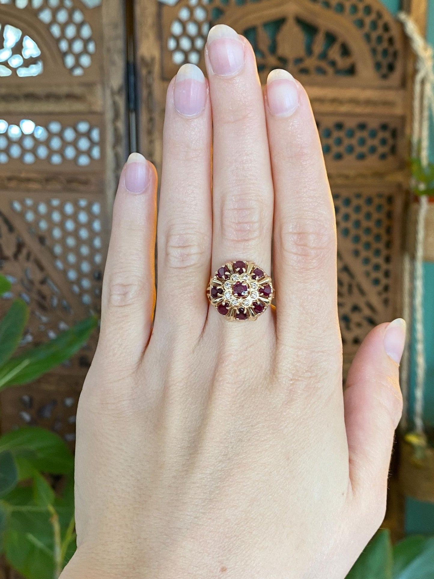 Vintage Solid 14k Yellow Gold Ruby Diamond Halo Ring - Size 6.5