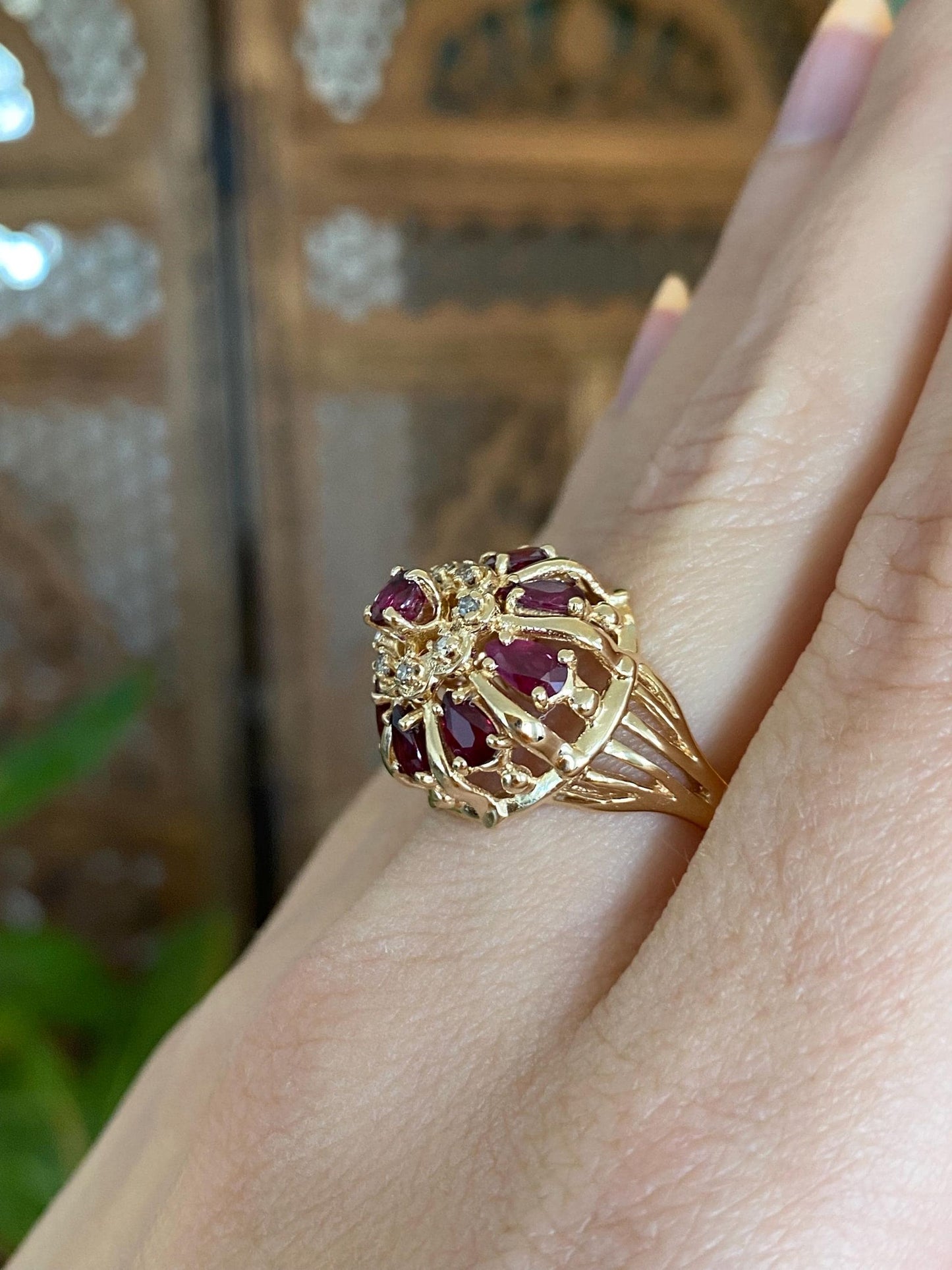 Vintage Solid 14k Yellow Gold Ruby Diamond Halo Ring - Size 6.5