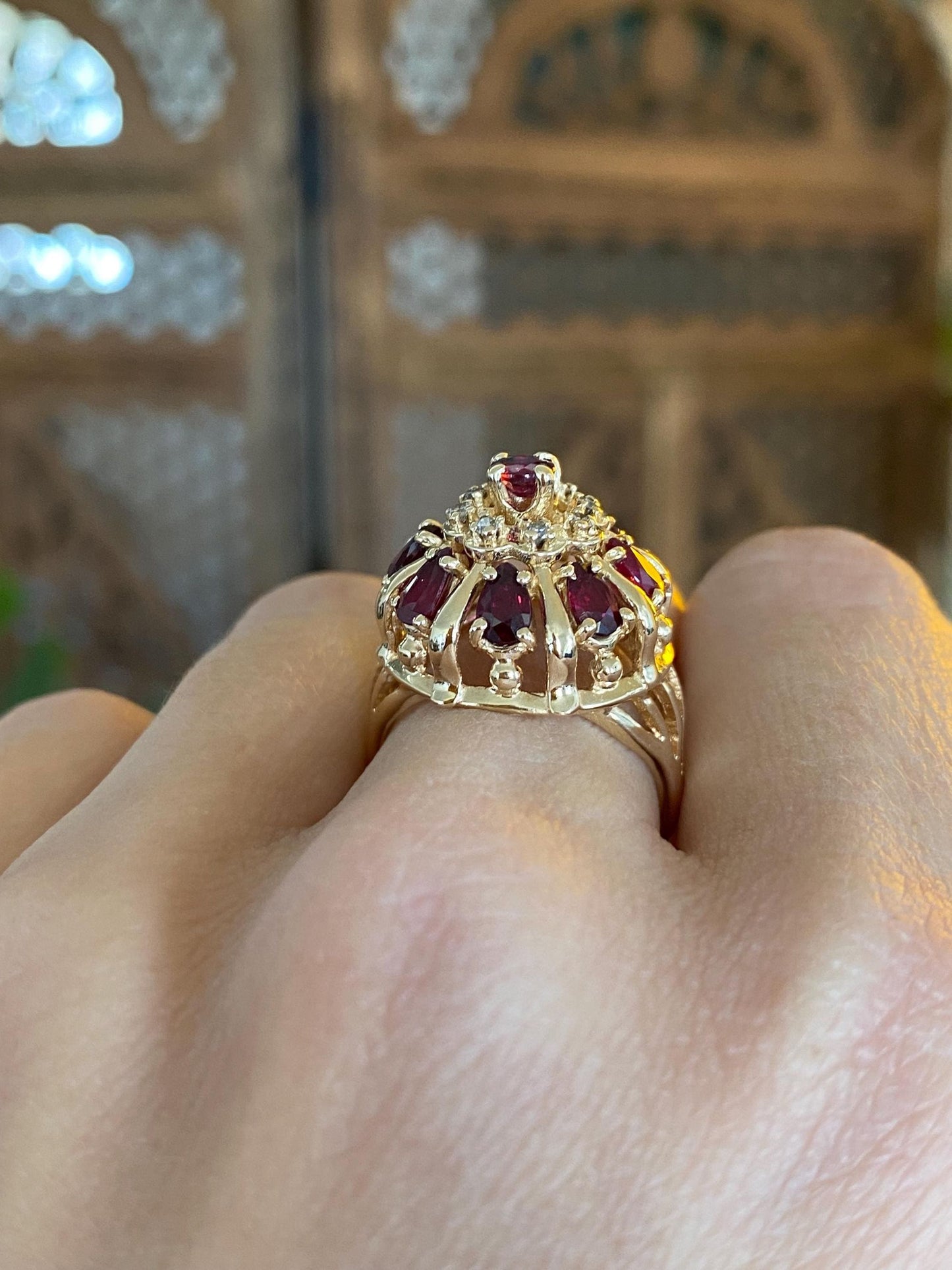 Vintage Solid 14k Yellow Gold Ruby Diamond Halo Ring - Size 6.5
