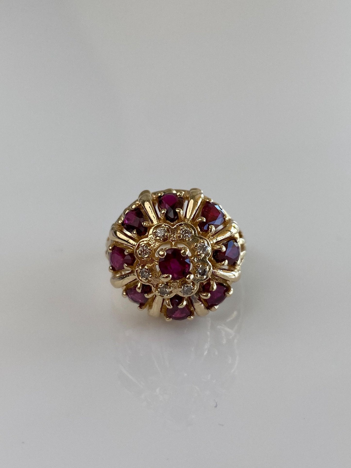 Vintage Solid 14k Yellow Gold Ruby Diamond Halo Ring - Size 6.5