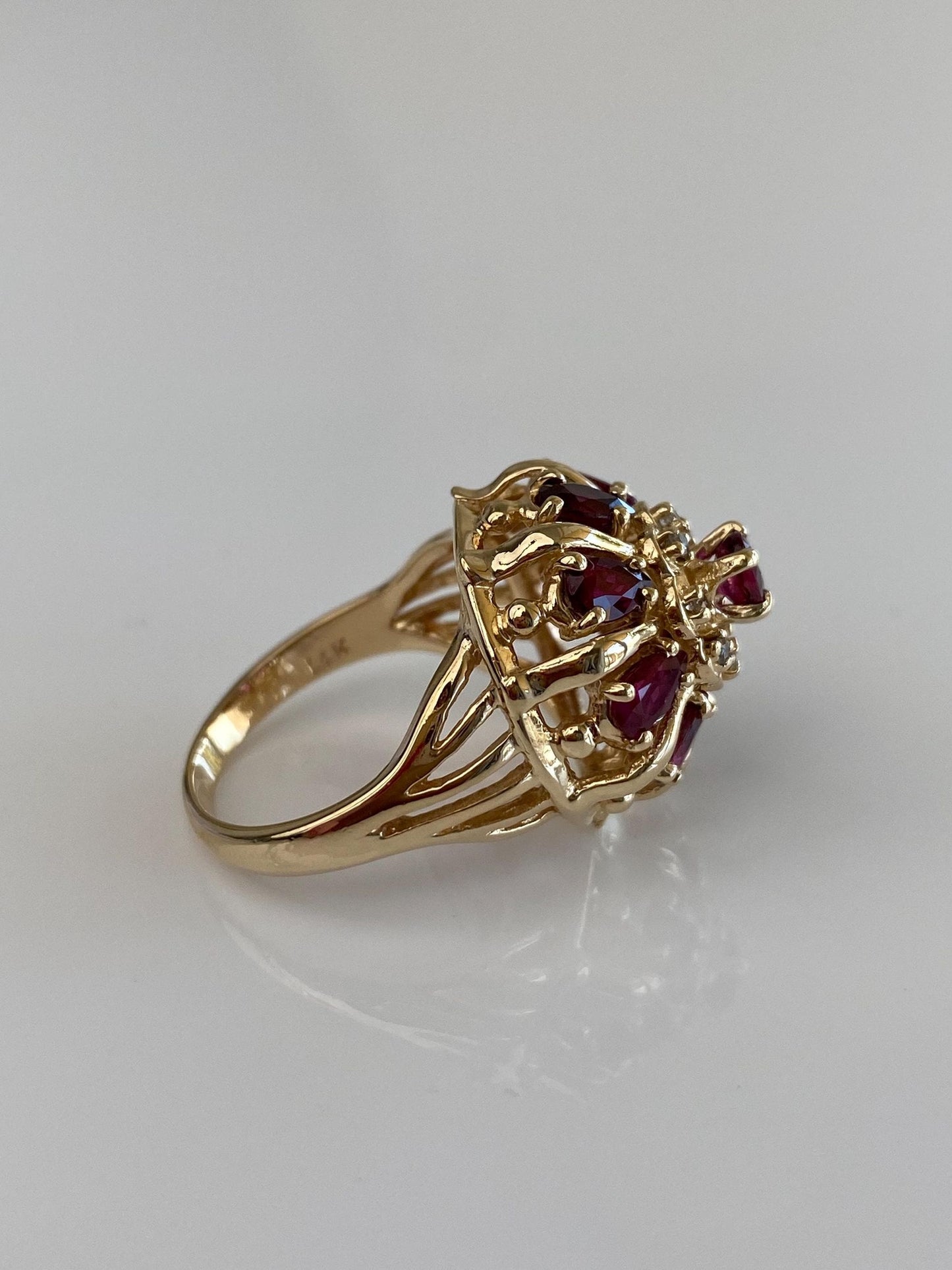 Vintage Solid 14k Yellow Gold Ruby Diamond Halo Ring - Size 6.5