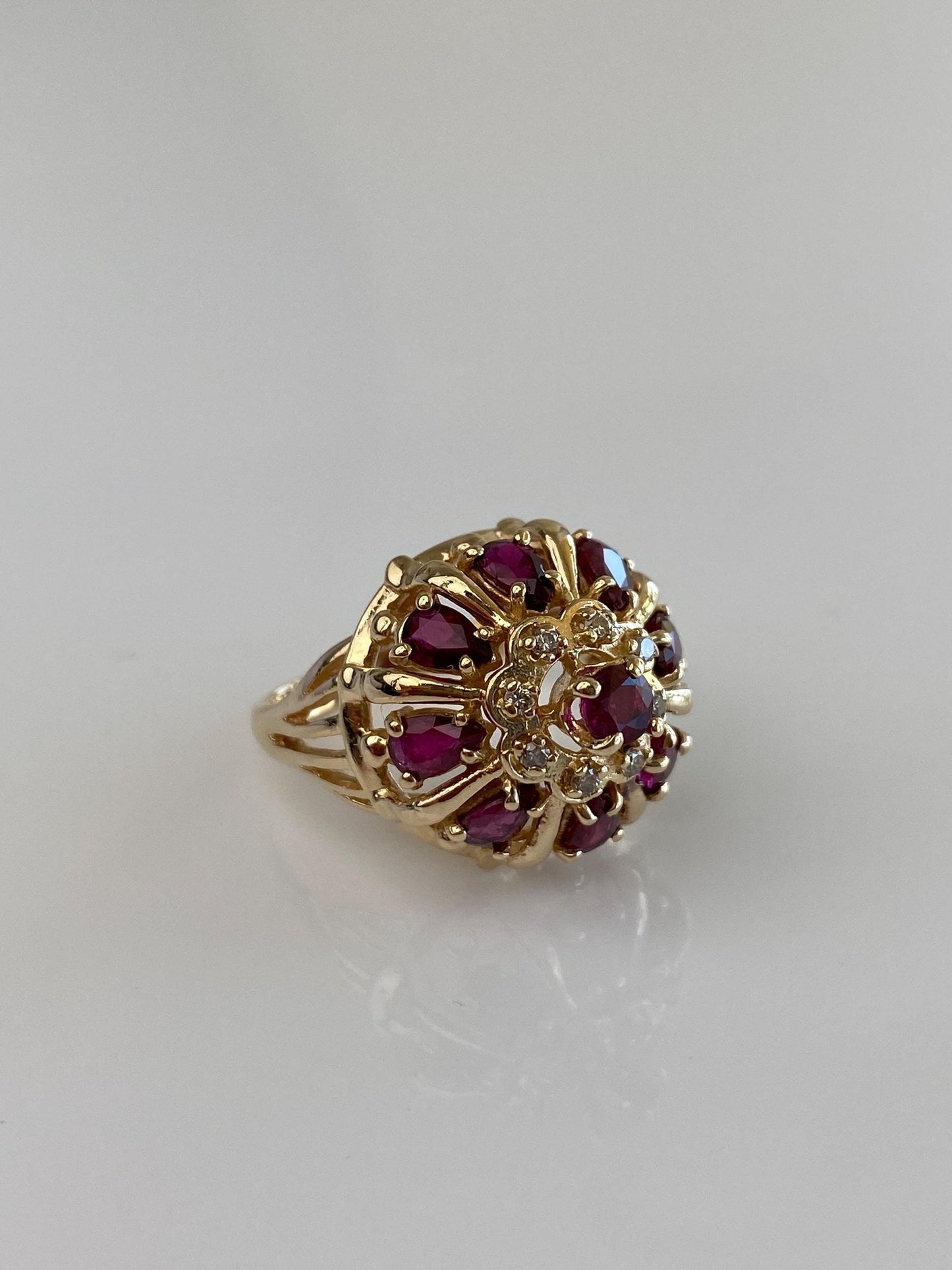 Vintage Solid 14k Yellow Gold Ruby Diamond Halo Ring - Size 6.5