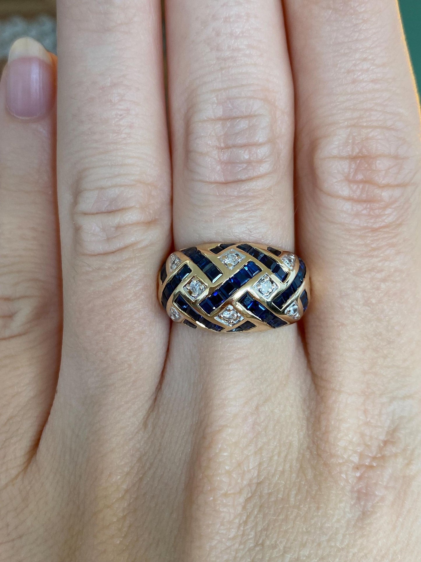 Vintage Solid 14k Yellow Gold Diamond Blue Sapphire Domed Ring - Size 6.75