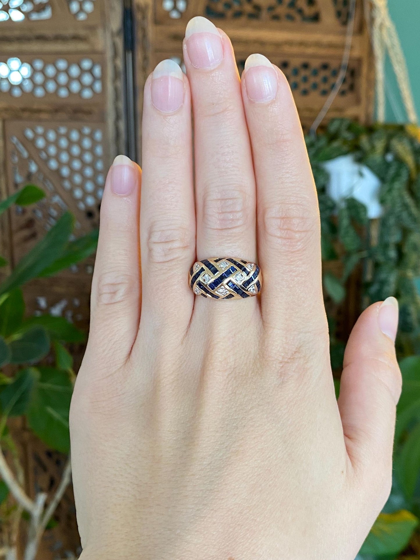 Vintage Solid 14k Yellow Gold Diamond Blue Sapphire Domed Ring - Size 6.75