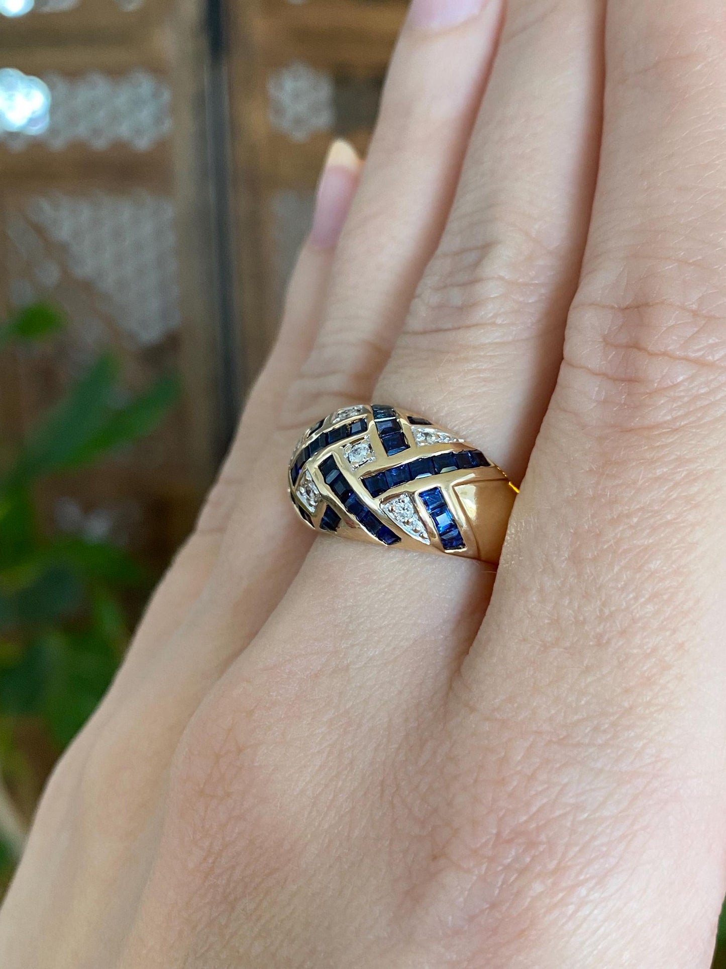 Vintage Solid 14k Yellow Gold Diamond Blue Sapphire Domed Ring - Size 6.75