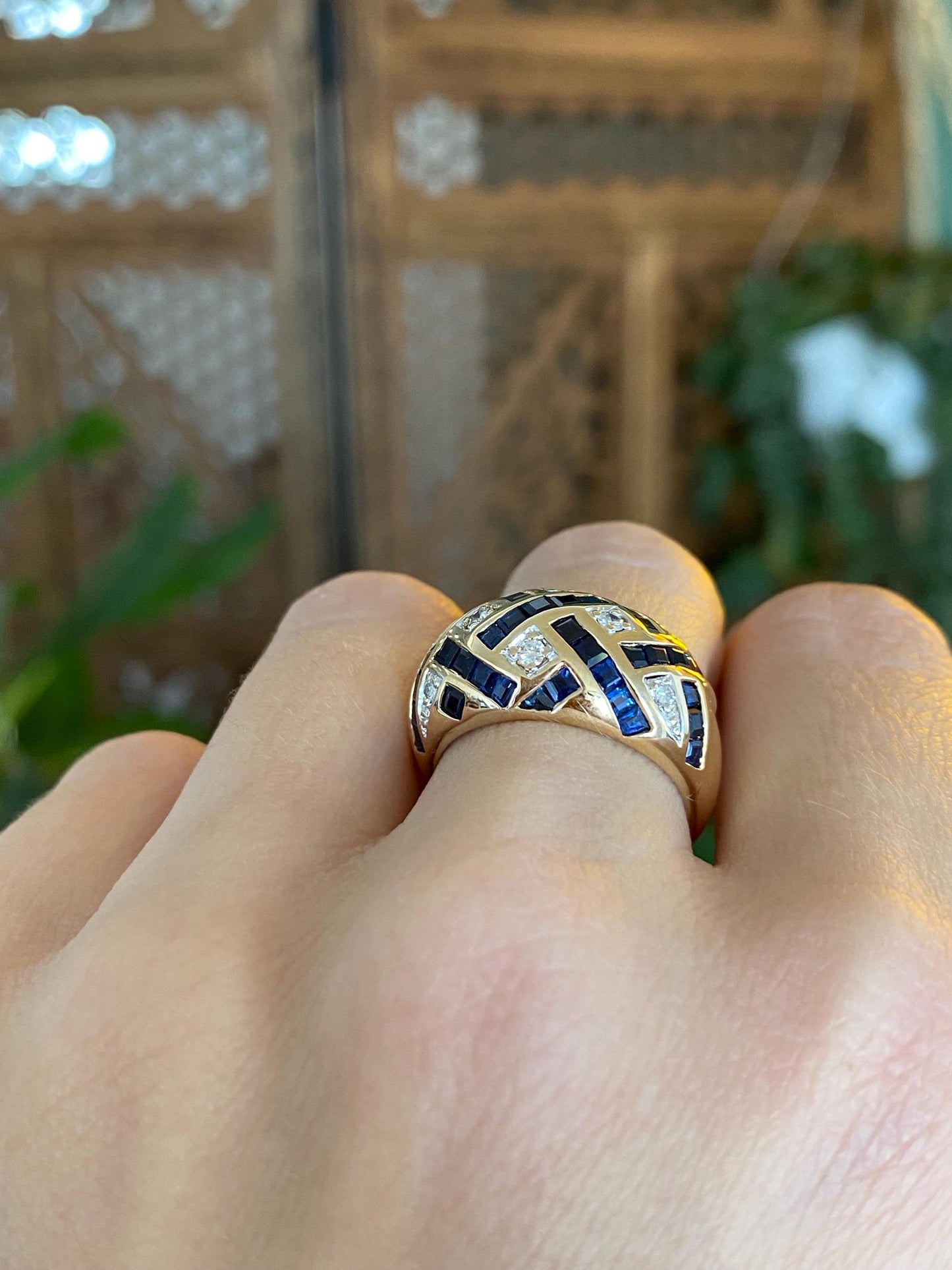 Vintage Solid 14k Yellow Gold Diamond Blue Sapphire Domed Ring - Size 6.75