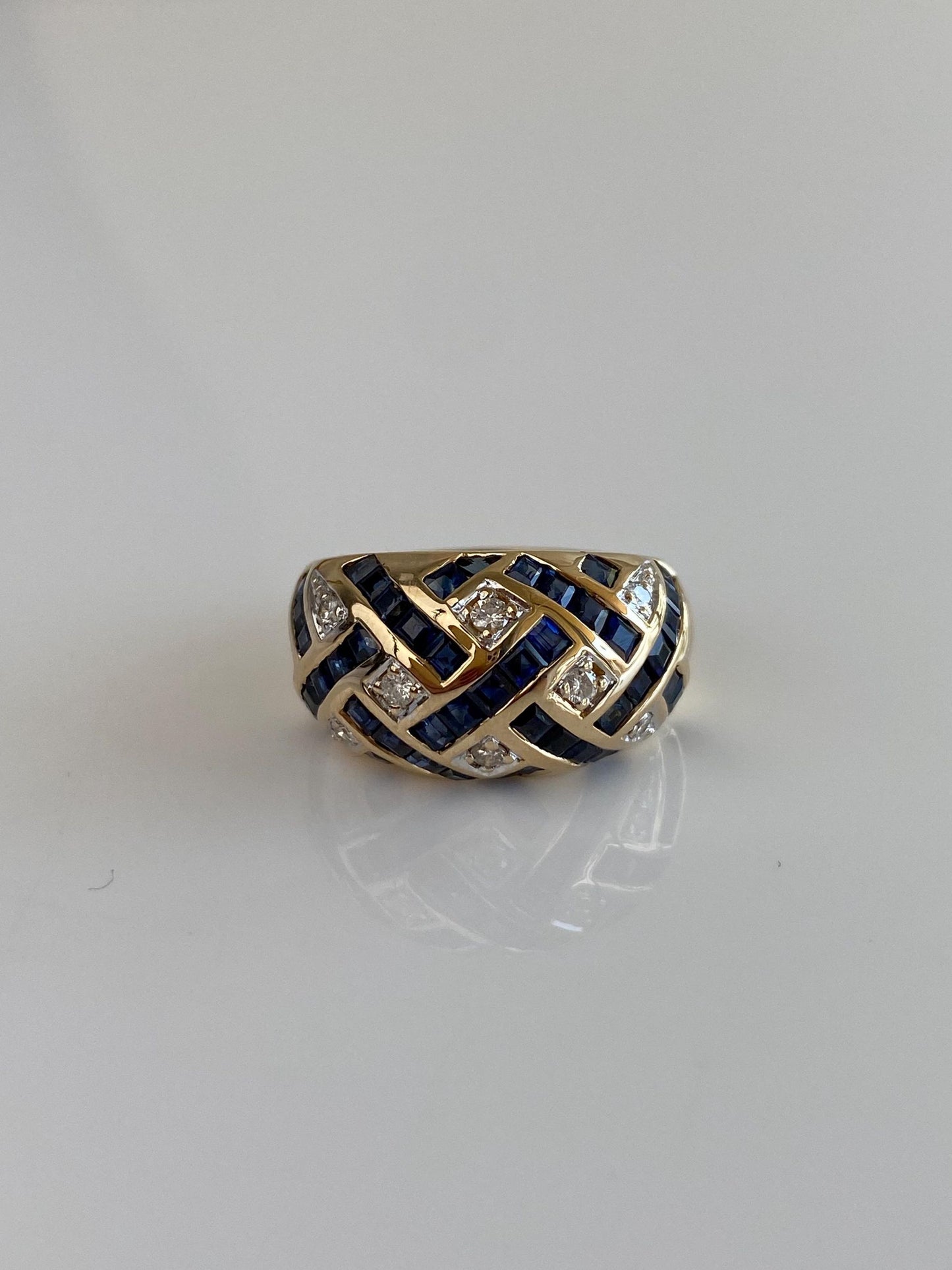 Vintage Solid 14k Yellow Gold Diamond Blue Sapphire Domed Ring - Size 6.75