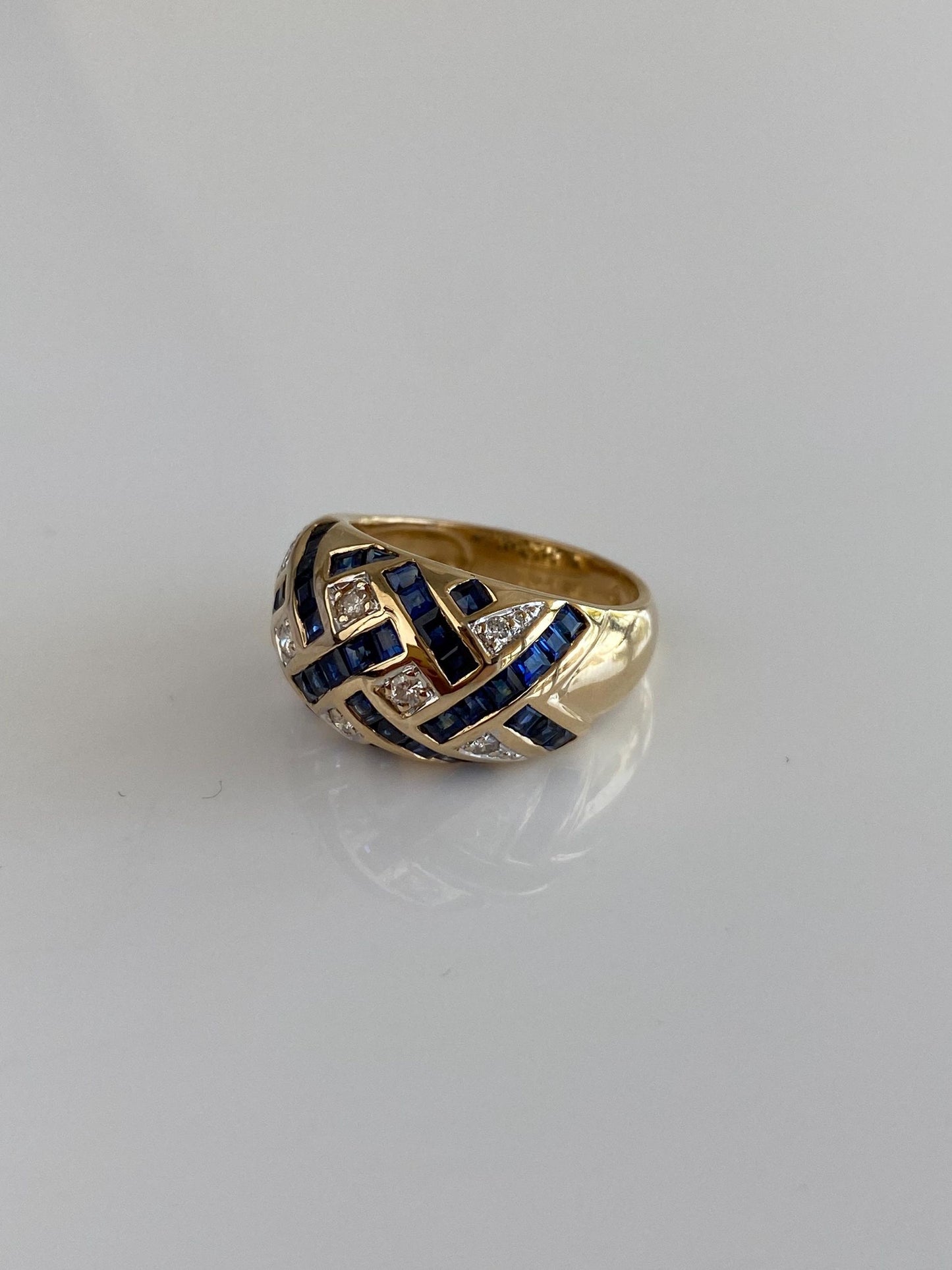 Vintage Solid 14k Yellow Gold Diamond Blue Sapphire Domed Ring - Size 6.75