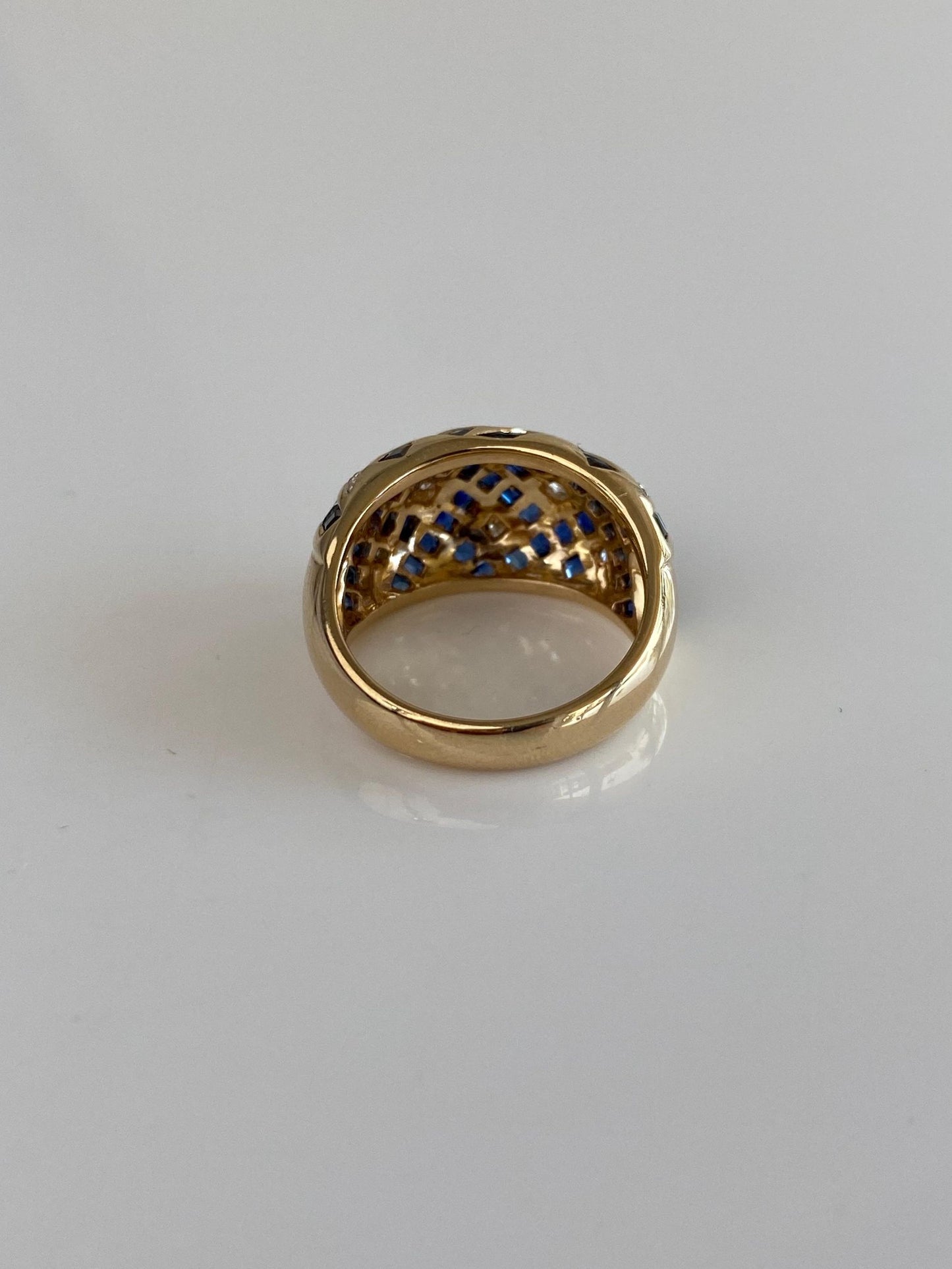 Vintage Solid 14k Yellow Gold Diamond Blue Sapphire Domed Ring - Size 6.75