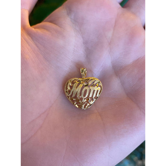 Vintage Solid 14k Yellow Gold Openwork Mom Heart Charm
